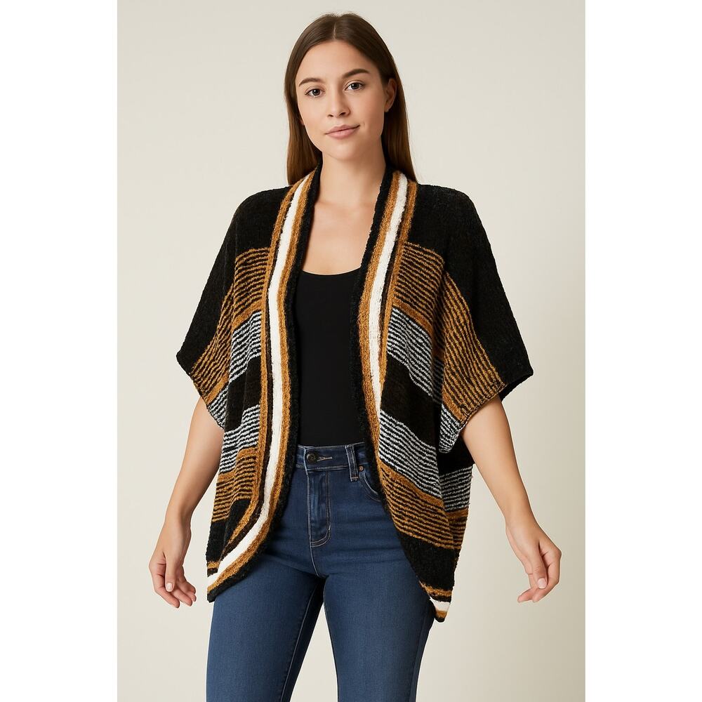 BKE Chenille Open Front Striped‎ Cardigan Sweater XS/S Black Brown Tan Boho Cozy